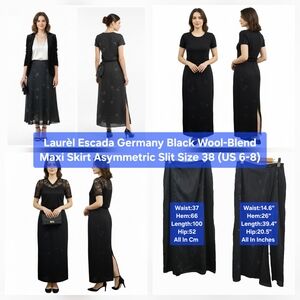 Laurèl Escada Black Wool-Blend Maxi Skirt Asymmetric Slit Size 38 (US 6-8)